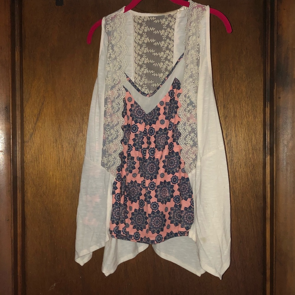 Printed camisole and lace embroidered top